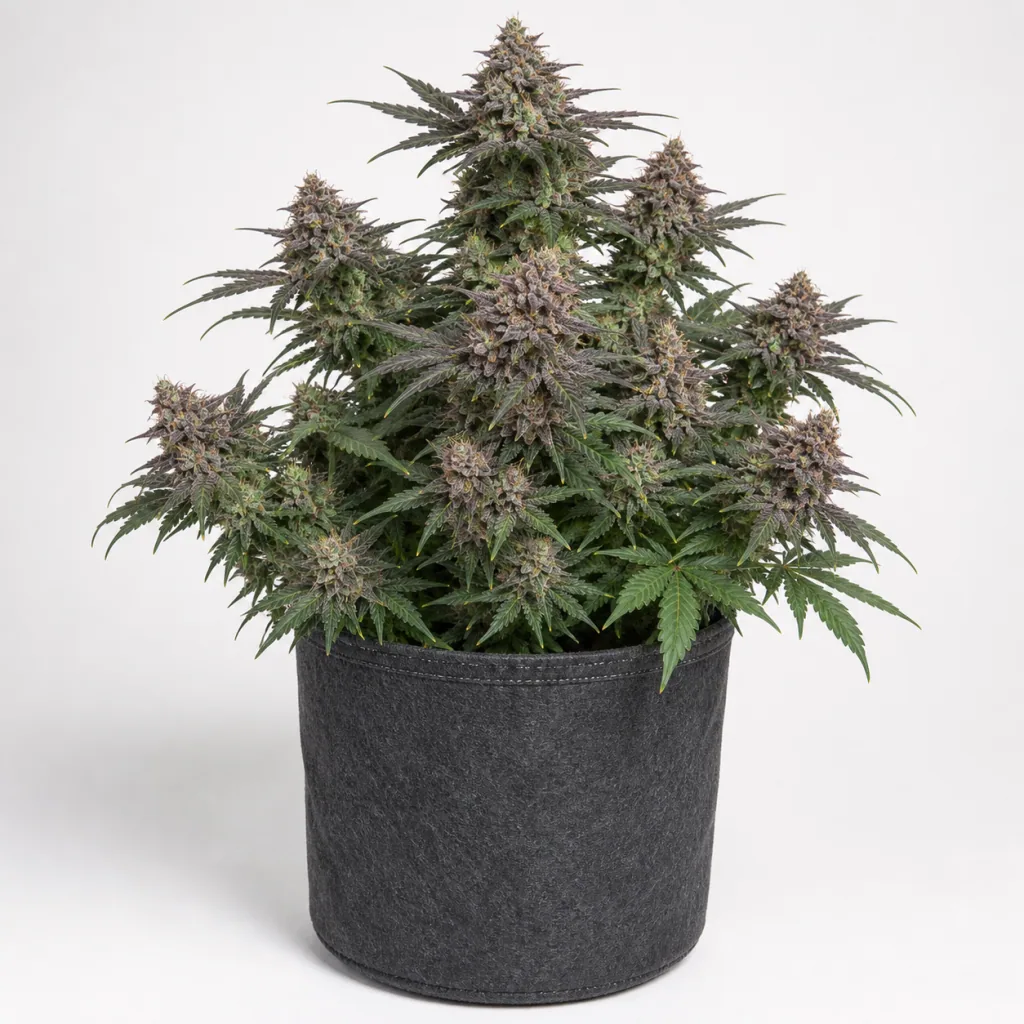 Planta de Auto Gelato Mint en floración, con abundantes cogollos de tonos morados y hojas verdes, en maceta textil oscura sobre fondo blanco.