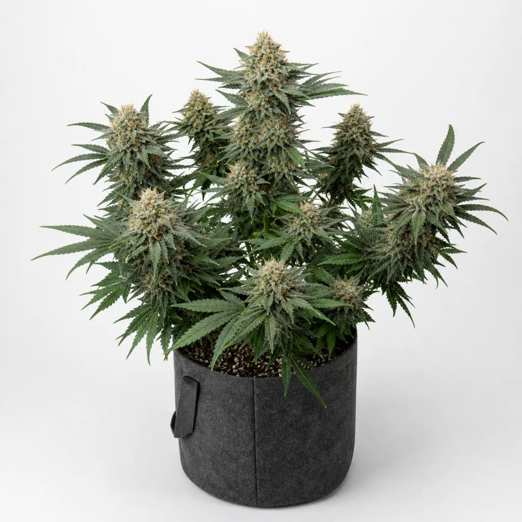 Planta de Auto HG23 Michael Jordan en floración, con abundantes cogollos y hojas verdes, en maceta de tela gris sobre fondo blanco.