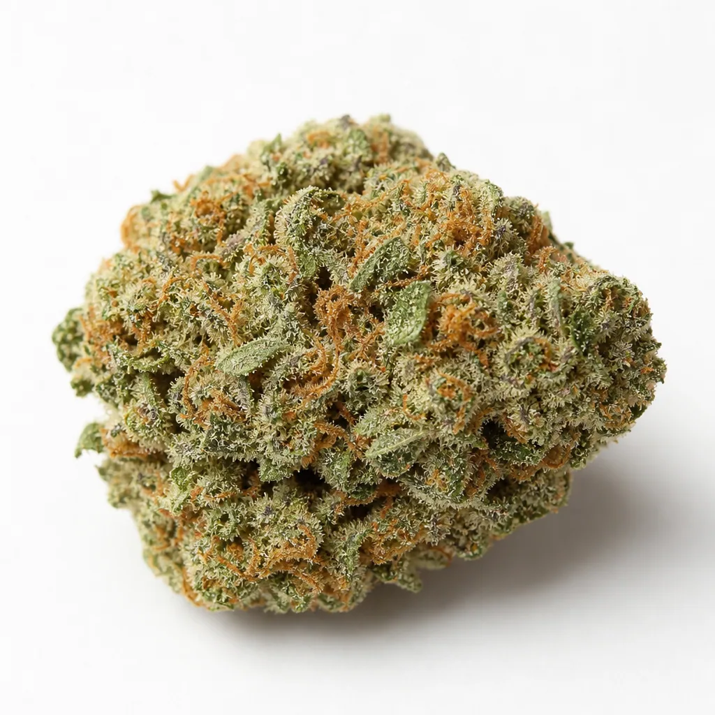 Cogollo de Auto Imperium X de Anesia Seeds, de forma redondeada, con hojas verdes, filamentos anaranjados y cobertura blanquecina.
