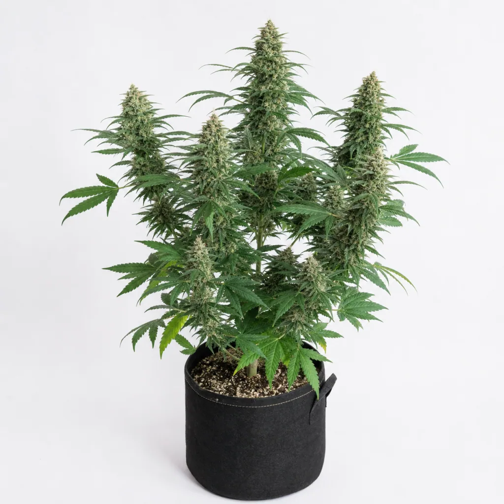 Planta Auto Imperium X de Anesia Seeds en floración, con cogollos alargados y hojas verdes en una maceta textil negra sobre fondo blanco.