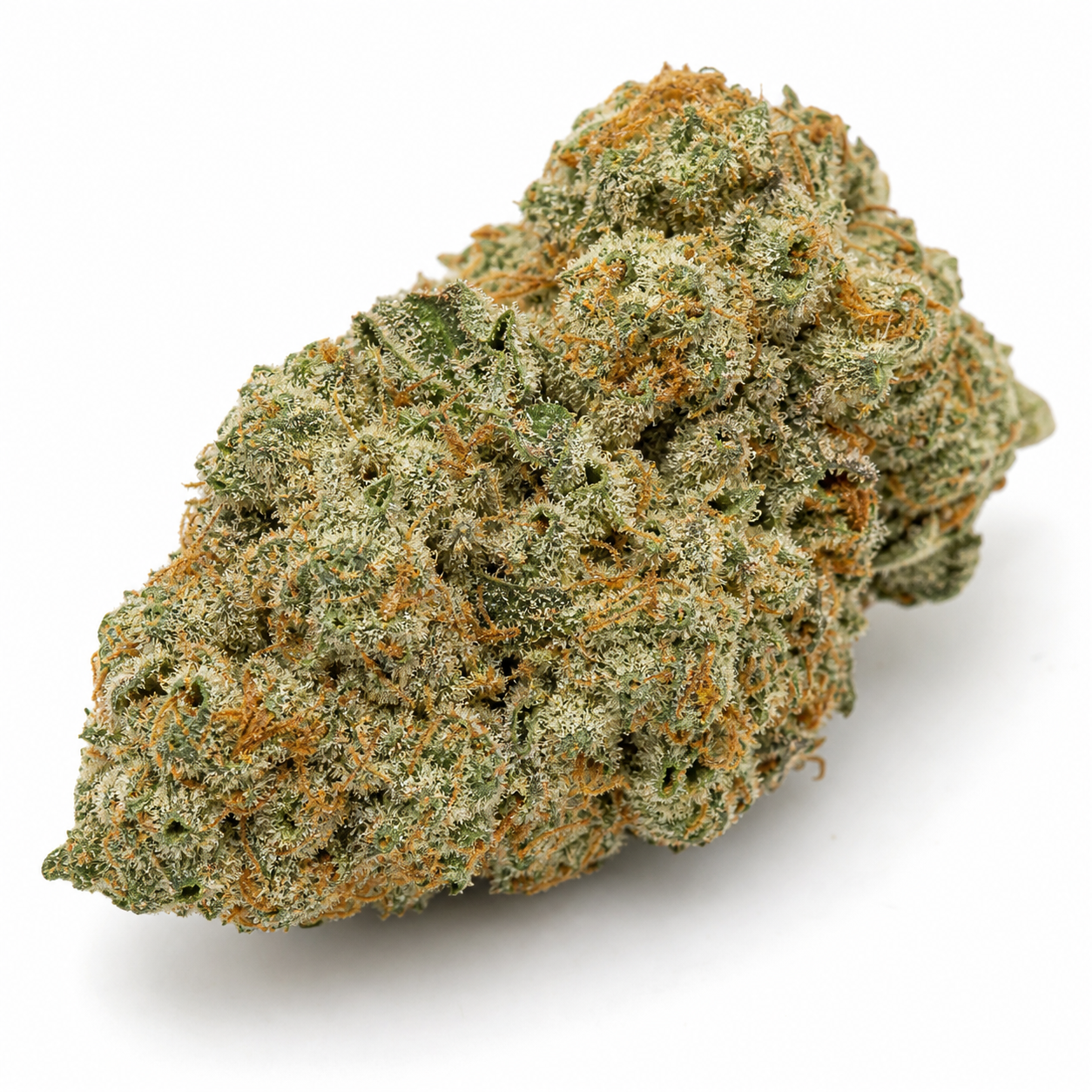 Cogollo de Auto Lemon OG de 00 Seeds en primer plano, con tonos verdes, filamentos anaranjados y superficie cubierta de tricomas.