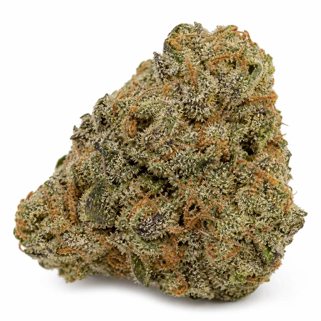 Cogollo de Auto London Cream Cake de G13 Labs en primer plano, con tonos verdes y morados, pistilos anaranjados y abundantes tricomas.
