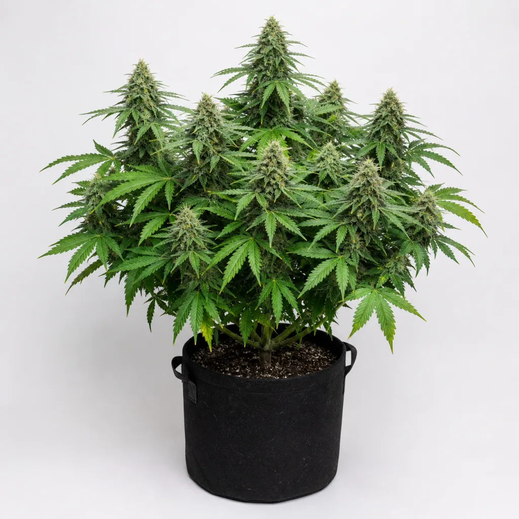 Auto Mandarin Cookies de 00 Seeds en floración, con abundantes cogollos y hojas verdes en una maceta negra de tela sobre fondo claro.