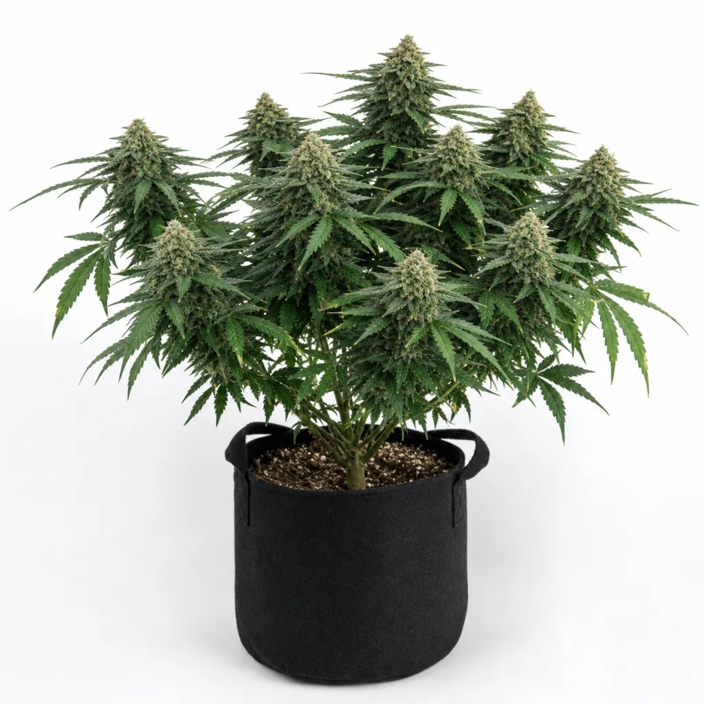Planta de Auto Purple de Original Sensible Seeds en floración, con abundantes cogollos y hojas verdes en una maceta textil negra.