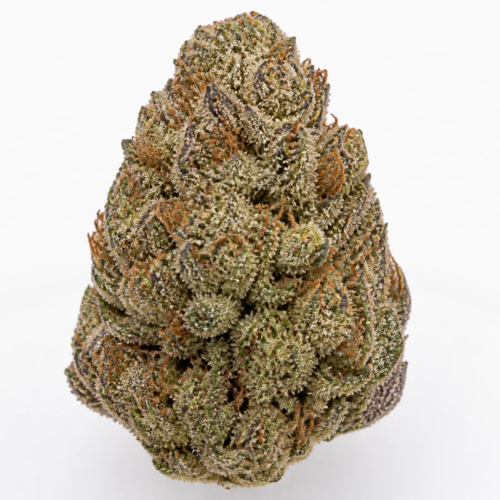 Ilustración de un cogollo para la ficha de Auto Purple Wreck de DNA Genetics, con tonos verdes y morados, filamentos naranjas y cobertura blanquecina.