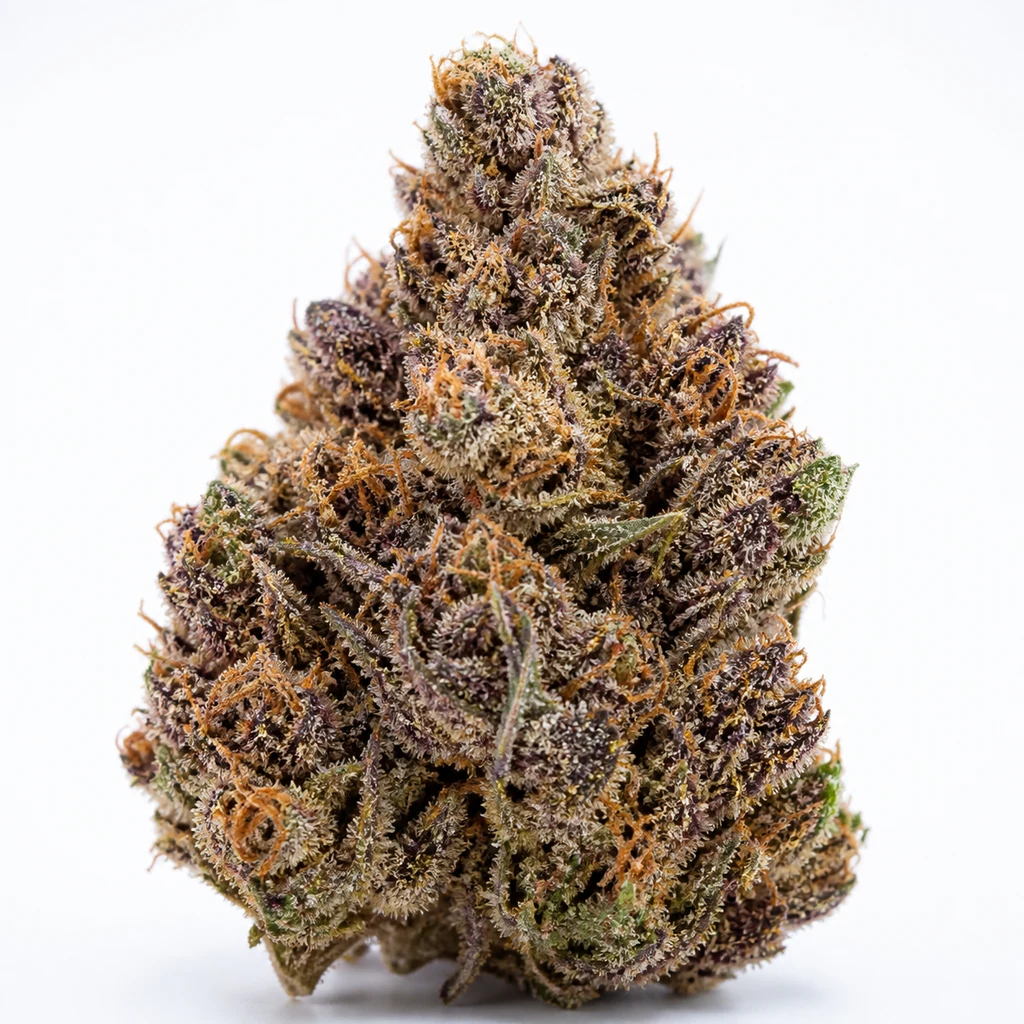 Ilustración de un cogollo con tonos morados, hojas verdes y filamentos naranjas para la ficha de Auto Red Poison – Sweet Seeds.