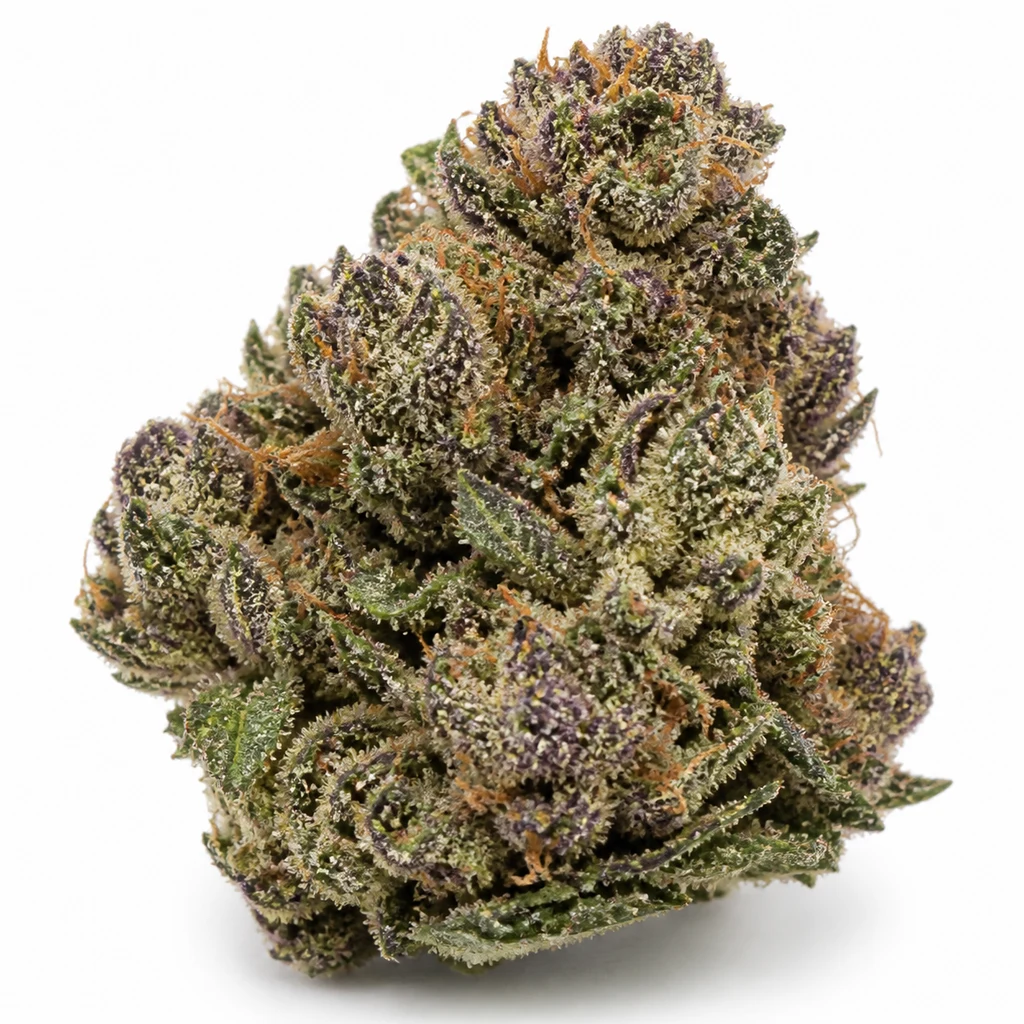 Ilustración de un cogollo verde y morado con pistilos anaranjados para la ficha de Auto Red Tropicana Cookies de Dutch Passion.