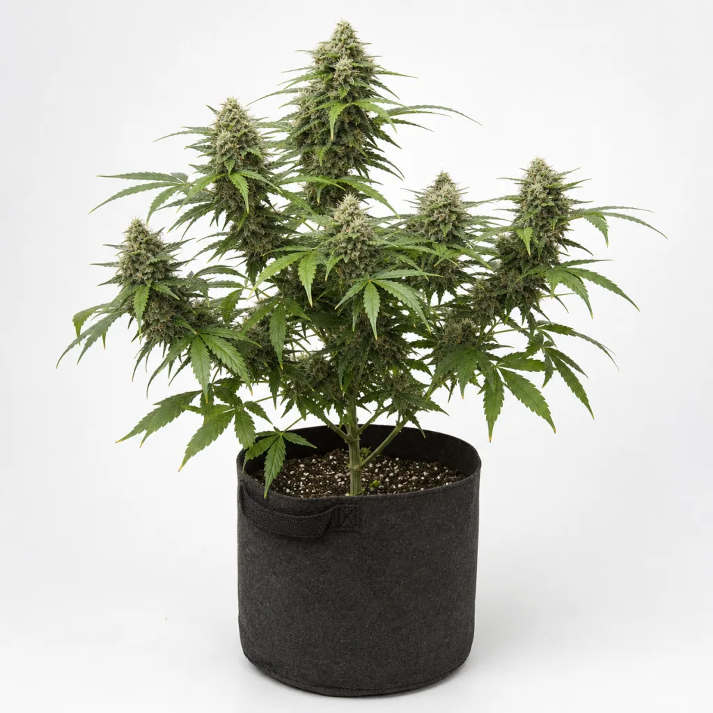 Planta de Auto Super Skunk en floración, con cogollo central alto y ramas laterales con flores, en maceta negra sobre fondo blanco.
