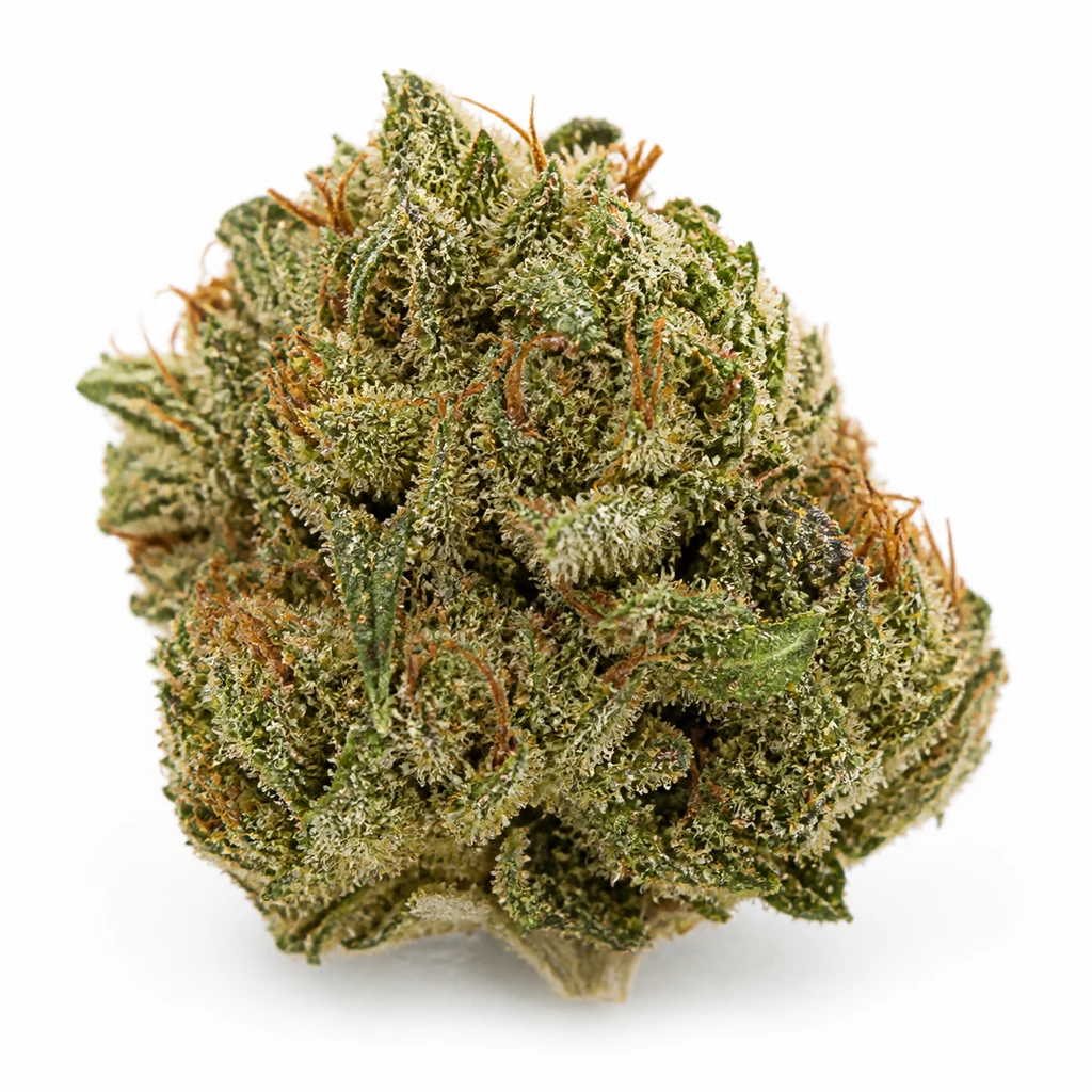 Ilustración de un cogollo verde con filamentos anaranjados y superficie blanquecina para la ficha de Auto Skywalker Kush de DNA Genetics.