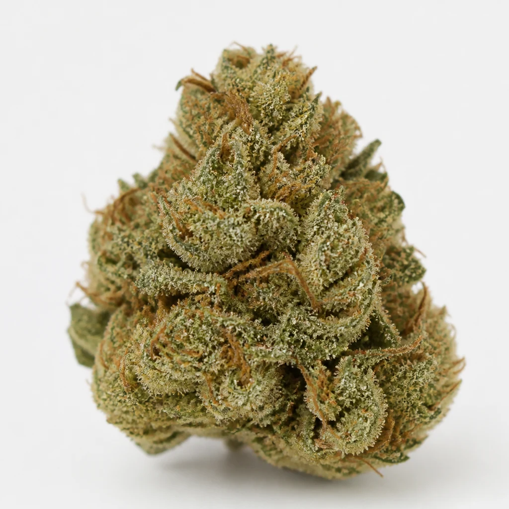 Ilustración de un cogollo verde con filamentos anaranjados y superficie blanquecina para la ficha de Auto Sour Diesel de Barney's Farm.
