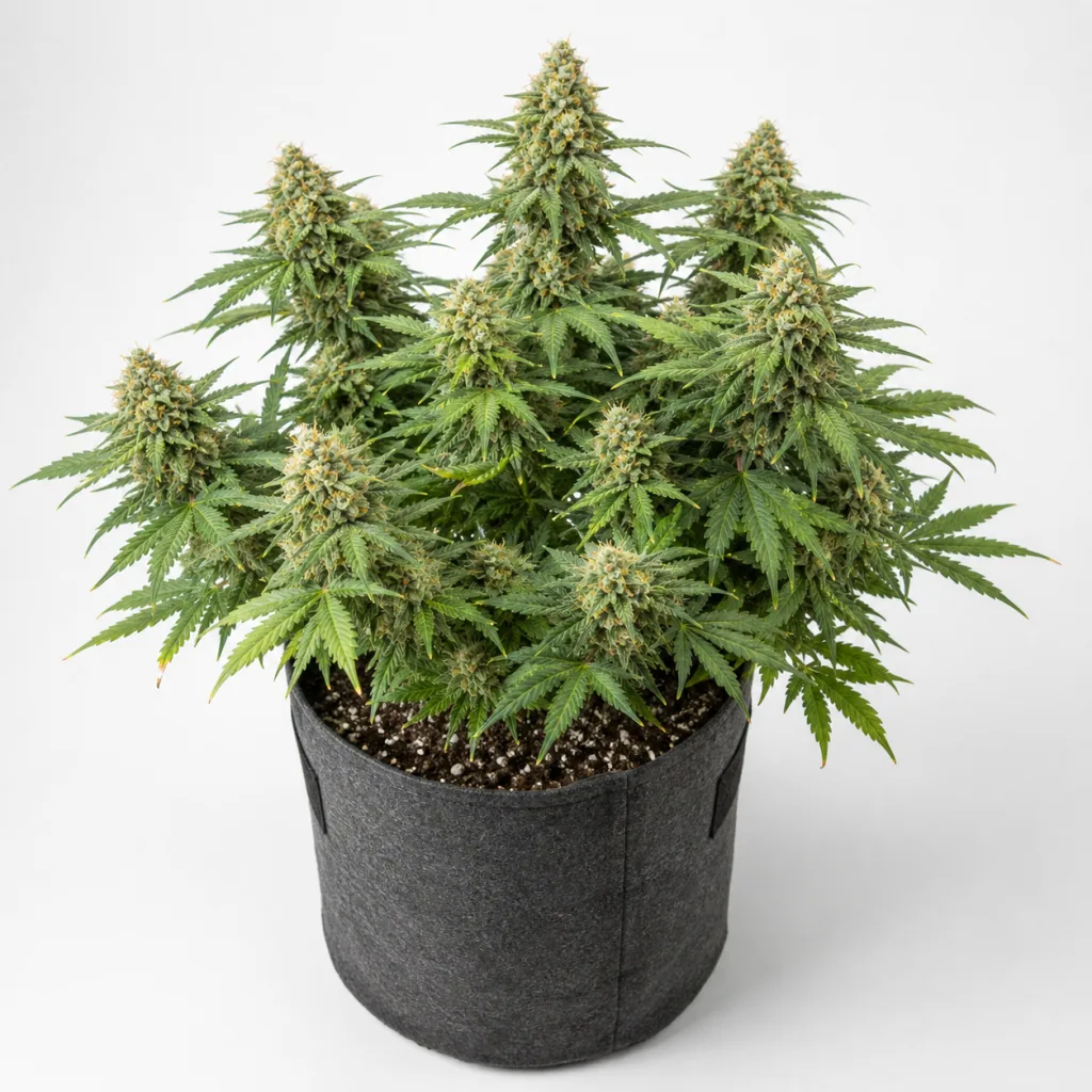 Planta de Auto Squirt Humboldt Seeds en maceta de tela gris, con abundantes cogollos y hojas verdes sobre fondo blanco.