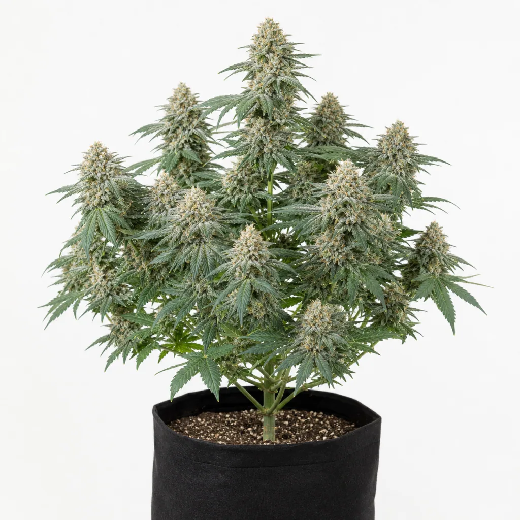 Planta de Auto Strawberry Soda de Dutch Passion en maceta negra, con abundantes cogollos y hojas verdes sobre fondo blanco.