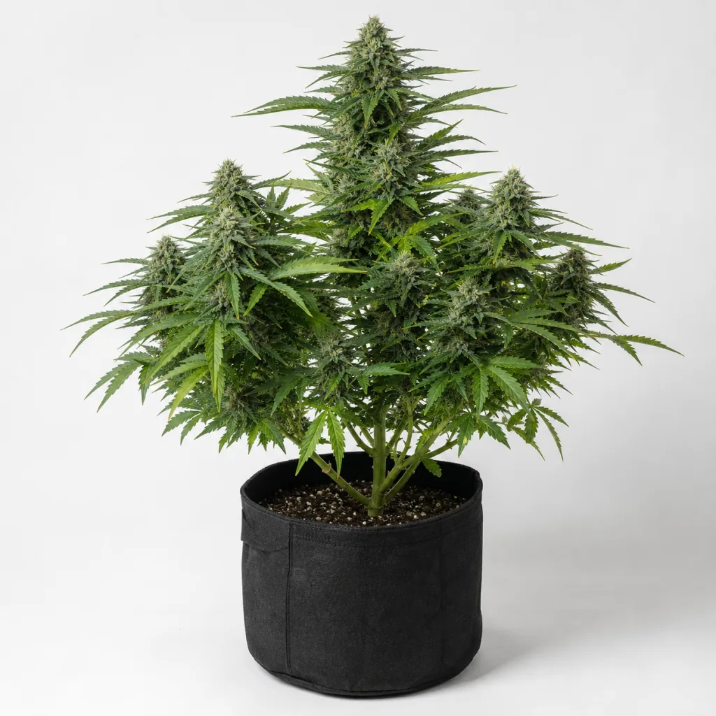 Planta de Auto Tropicana Cookies Purple en floración, con cogollos en las ramas y maceta textil negra sobre fondo blanco.