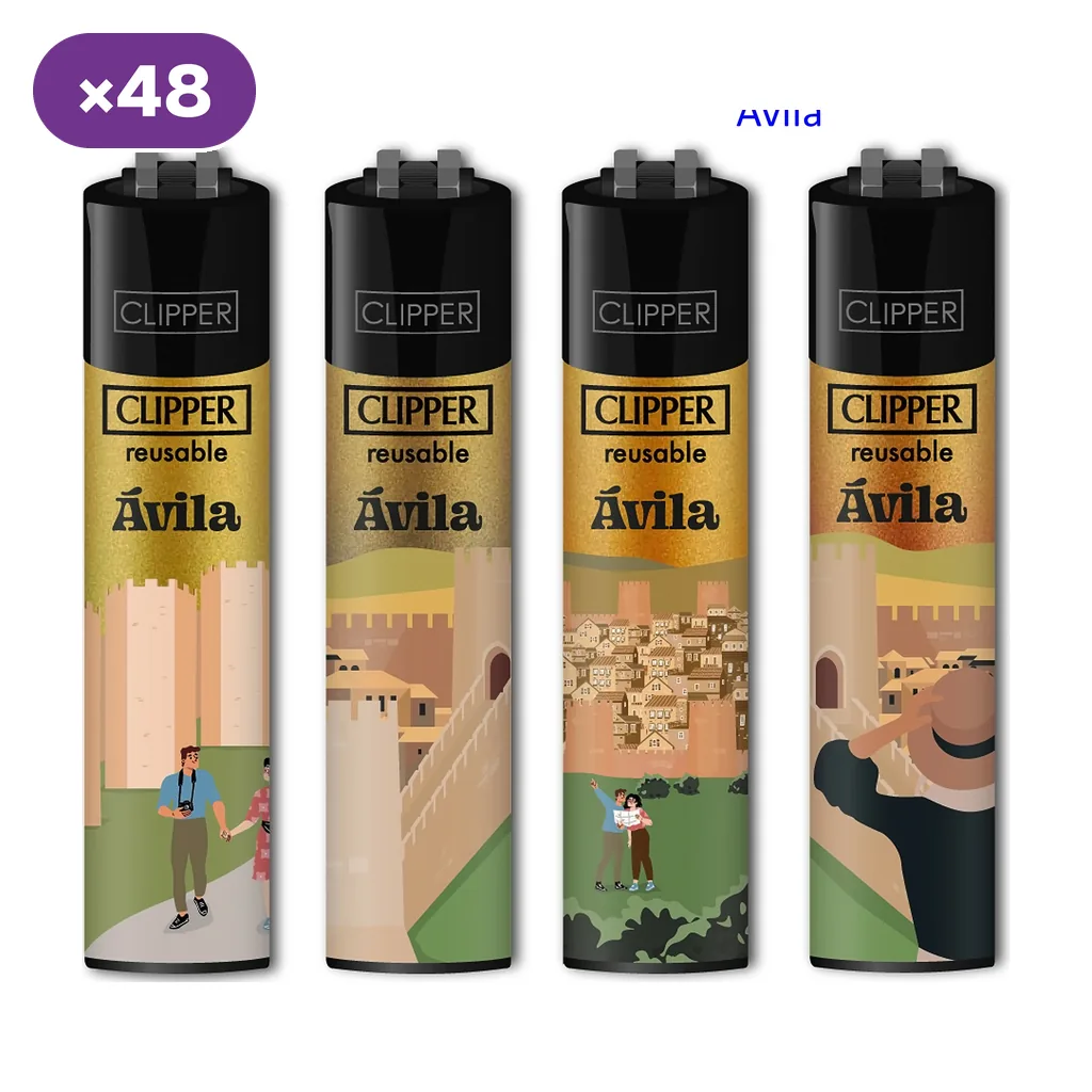 Cuatro diseños de encendedores Clipper Ávila con parte superior negra e ilustraciones de murallas y visitantes; distintivo «×48».