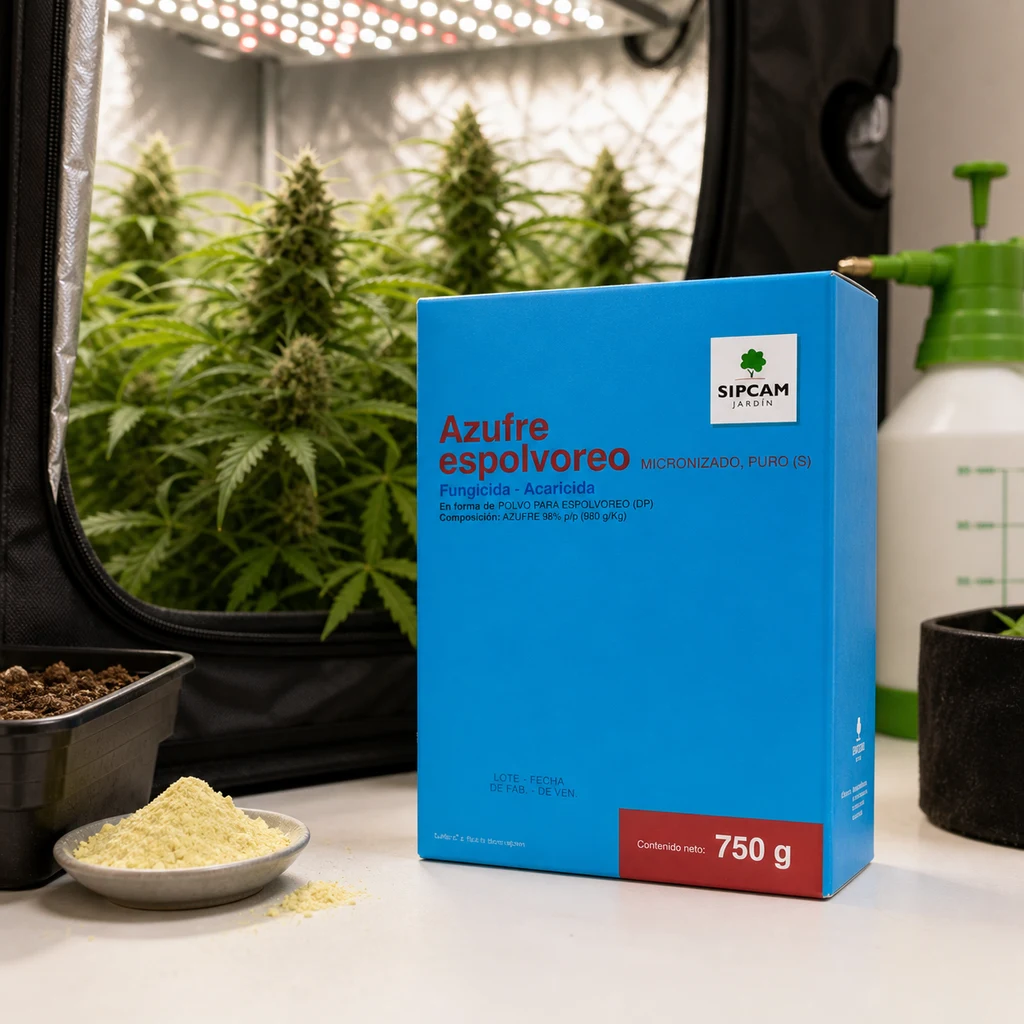 Caja azul de azufre Sipcam de 750 g junto a un plato con polvo amarillo, con plantas y un pulverizador al fondo. Caja azul de azufre Sipcam de 750 g junto a un plato con polvo amarillo, con plantas y un pulverizador al fondo.