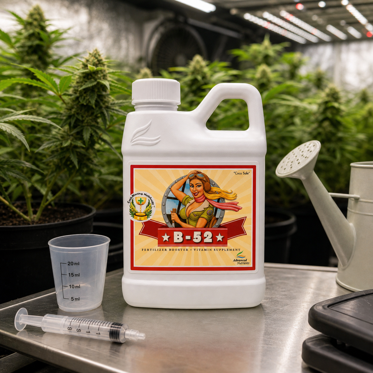 Garrafa blanca de B-52 Advanced Nutrients junto a un vaso graduado, una jeringa y una regadera, con plantas al fondo bajo luces de cultivo.