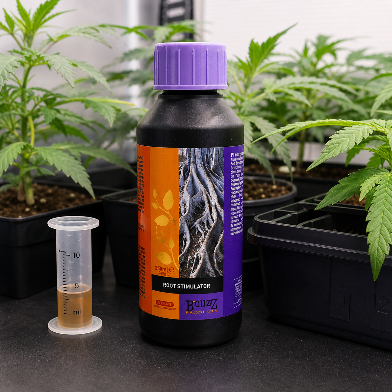 Botella de B'cuzz Root Stimulator de Atami con tapón morado, junto a una probeta con líquido y plantas en macetas.