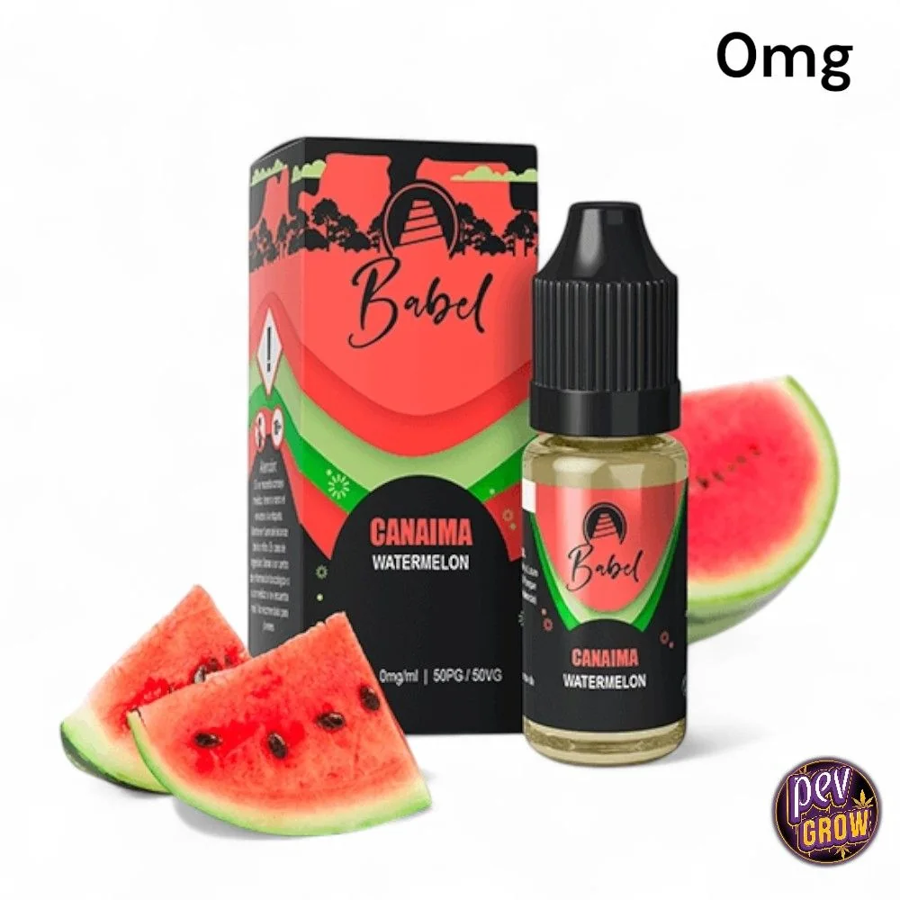 Frasco de líquido Babel Canaima con tapón negro junto a su caja y rodajas de sandía; se leen «Watermelon» y «0 mg».