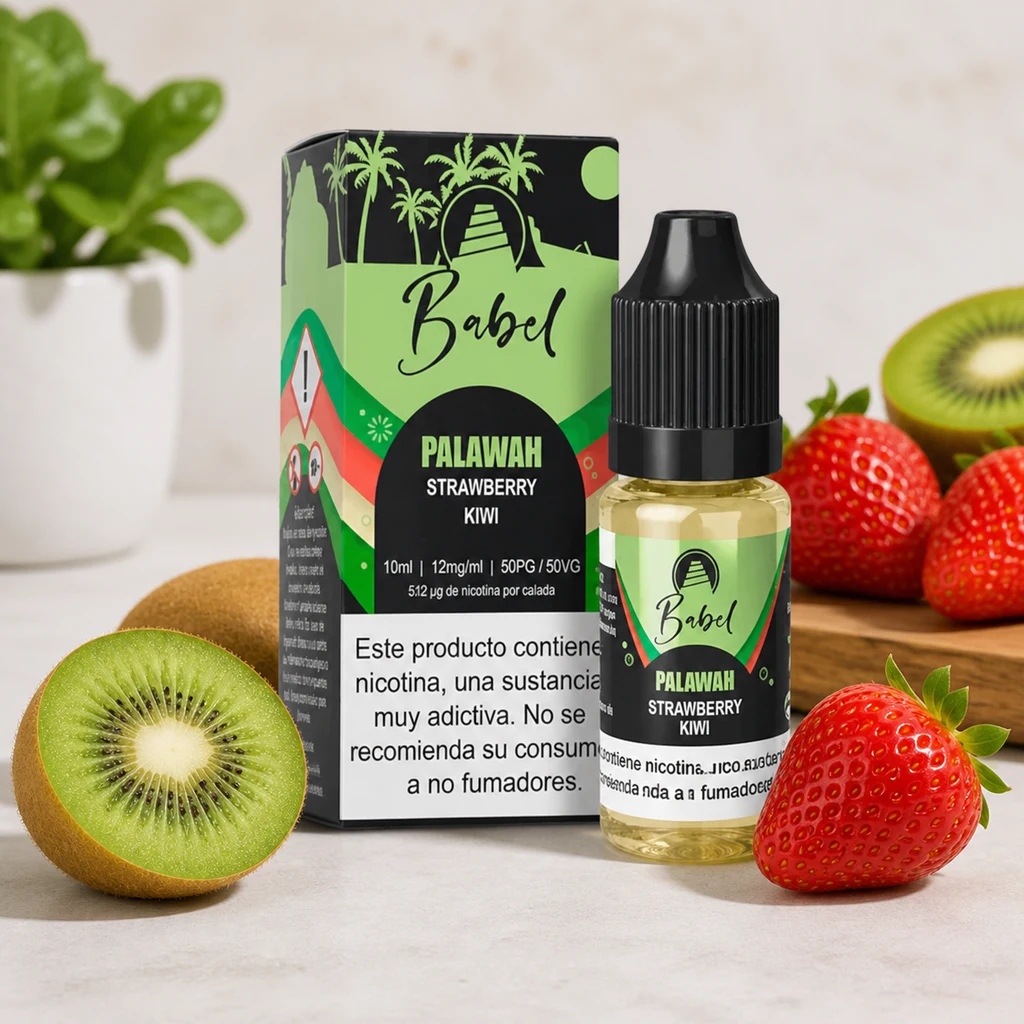 Frasco de Babel Palawah con tapón negro y su caja verde, rodeados de fresas y kiwis sobre una superficie clara.