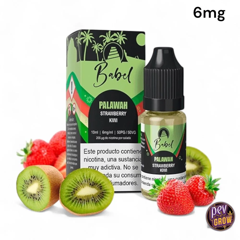 Frasco y caja de Babel Palawah de 10 ml, con indicación de 6 mg y rodeados de fresas y kiwis cortados.