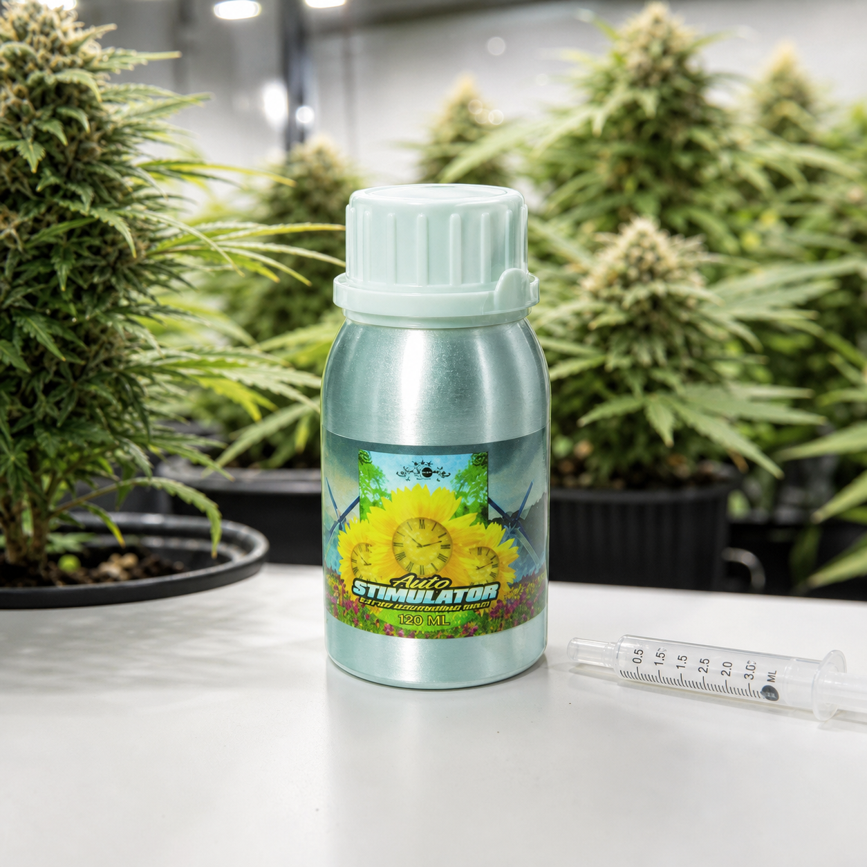 Botella de B.A.C Auto Stimulator de 120 ml junto a una jeringa dosificadora, con plantas de cannabis al fondo.