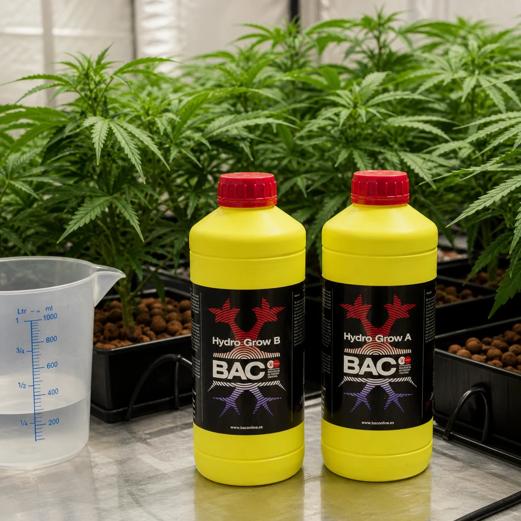 Dos botellas amarillas de BAC Hydro Grow A y B con tapones rojos, junto a una jarra graduada y plantas en cultivo interior.