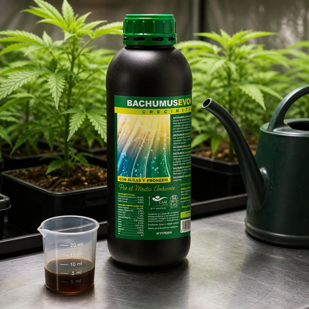 Botella negra de Bachumus Evolution C de Trabe con tapón verde, junto a un vaso con líquido oscuro y una regadera, ante plantas.
