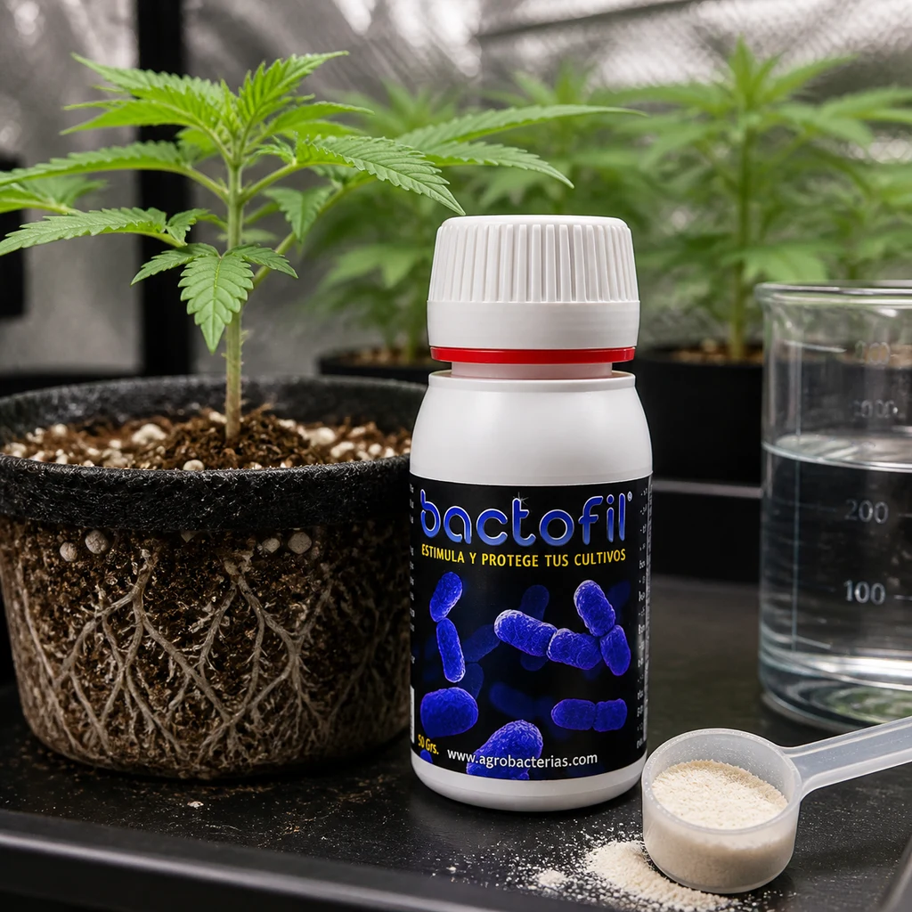 Bote de Bactofil junto a una planta con raíces visibles, una cucharilla con polvo y un vaso con agua en una escena de cultivo generada.