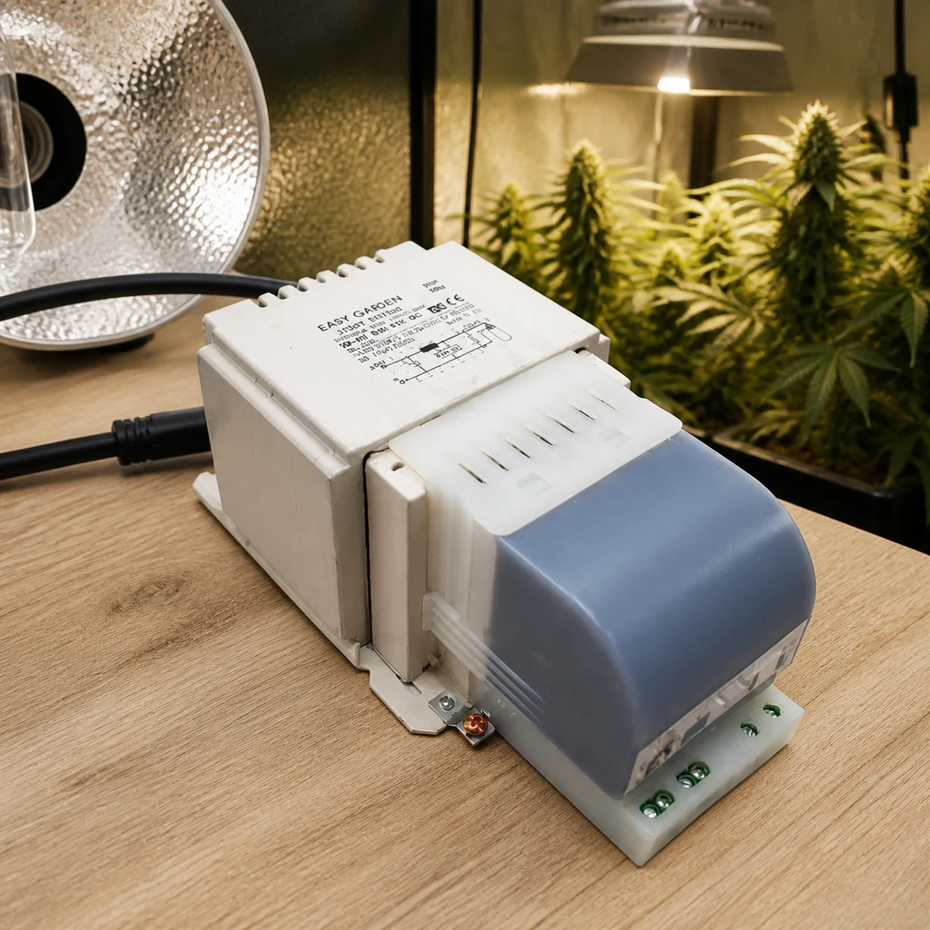 Balasto magnético Easy Garden con cubierta gris azulada y bornes verdes sobre una mesa, con reflector y plantas iluminadas al fondo.