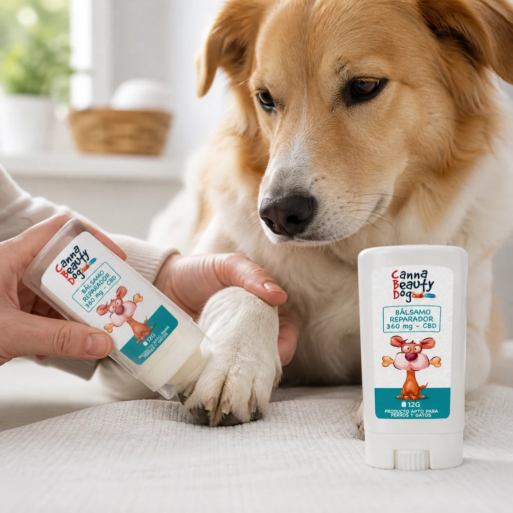 Una persona sostiene la pata de un perro y acerca un bálsamo Canna Beauty; otro envase del mismo producto aparece de pie a su lado.