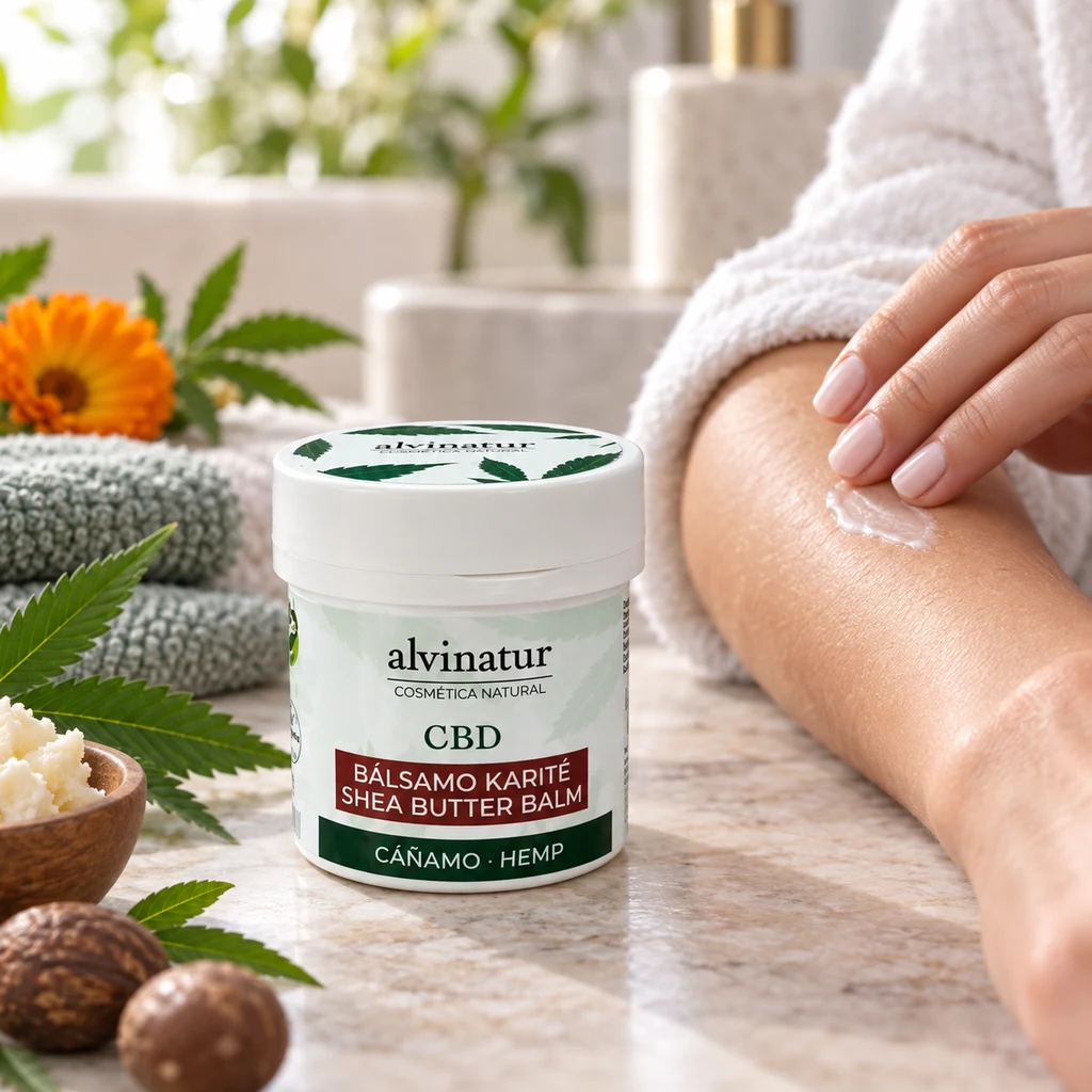 Tarro de bálsamo CBD Alvinatur junto a un antebrazo donde una mano extiende crema, con toallas, hojas y manteca en un cuenco.