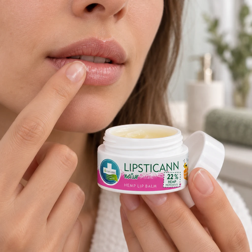 Primer plano de una persona aplicándose bálsamo en el labio con un dedo mientras sostiene un tarro abierto de Lipsticann Natur.
