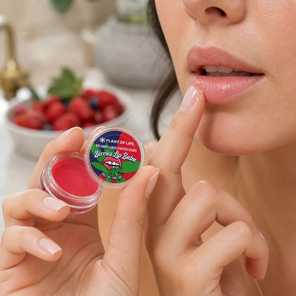 Primer plano de una persona aplicándose bálsamo en el labio con un dedo mientras sostiene un tarro abierto de Plant of Life.