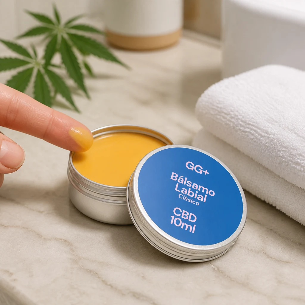 Bálsamo Labial CBD Classic GG+ abierto, con contenido amarillo y tapa azul; un dedo toma una pequeña cantidad junto a una toalla blanca.