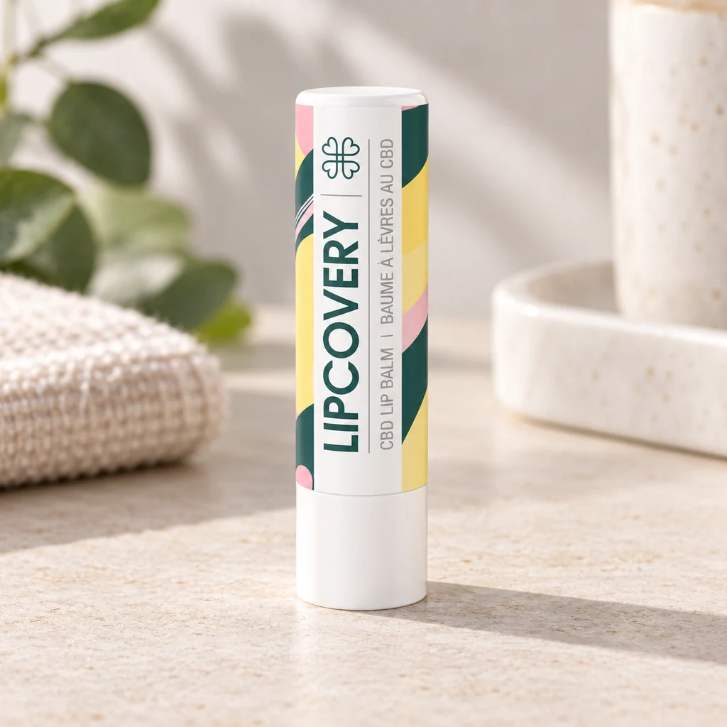 Bálsamo labial Lipcovery CBD en tubo blanco con detalles verdes, rosas y amarillos, sobre una encimera junto a una toalla y plantas.