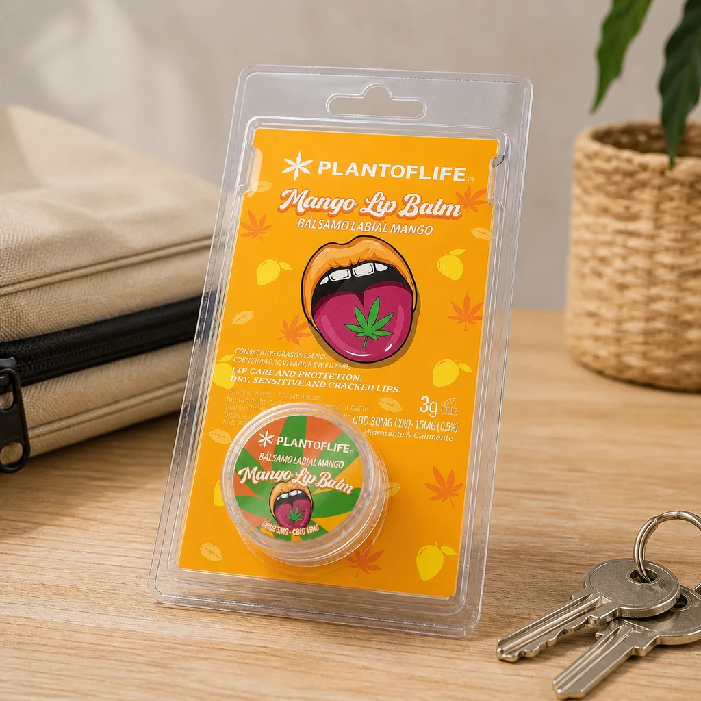 Escena generada del bálsamo labial Mango Plant of Life en blíster naranja sobre una mesa, junto a unas llaves, un neceser y una maceta.
