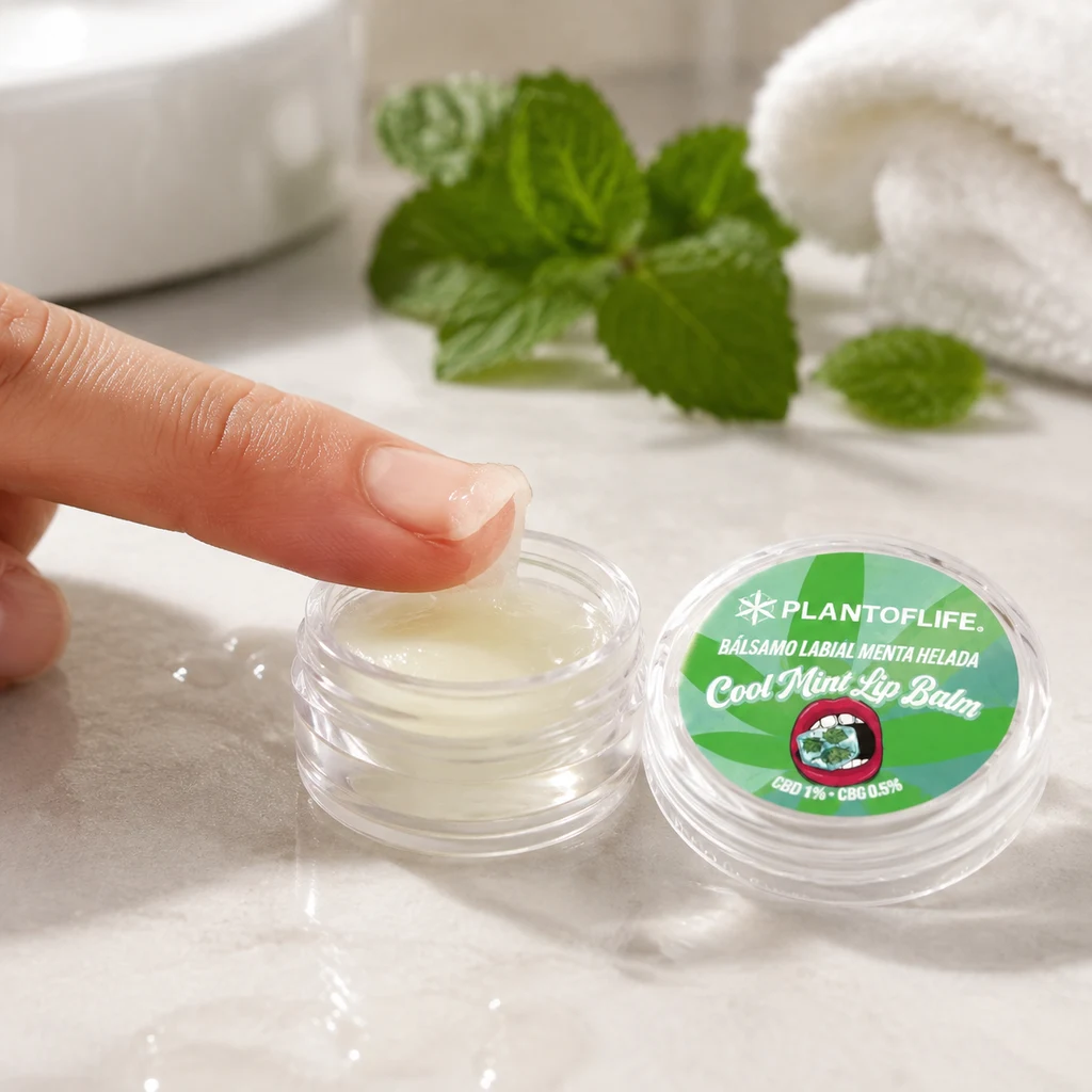 Escena generada de un dedo tomando bálsamo de un tarro abierto, junto a su tapa verde Cool Mint Lip Balm, hojas de menta y una toalla.