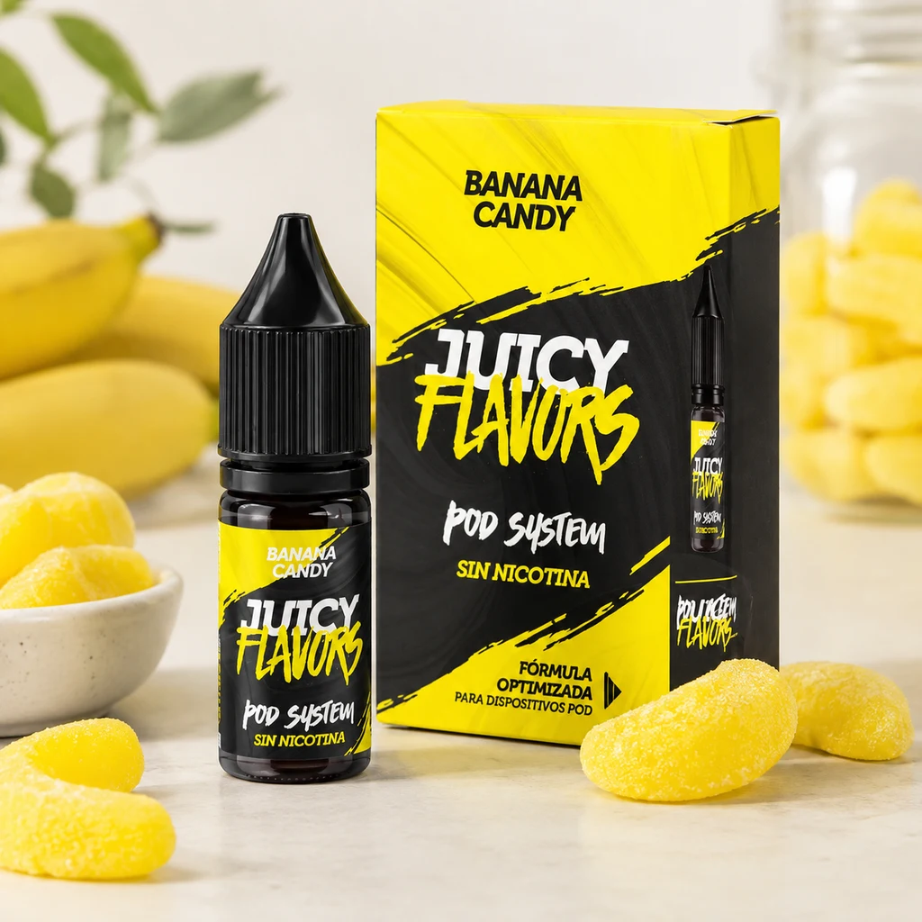 Frasco y caja amarilla y negra de Banana Candy Juicy Flavors, con texto «sin nicotina», rodeados de caramelos y plátanos.