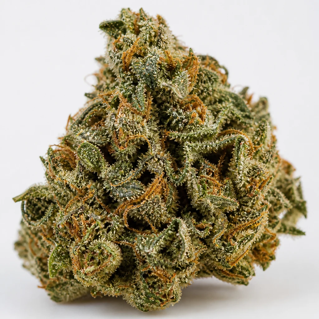 Ilustración de un cogollo verde con pistilos anaranjados y abundantes tricomas claros para la ficha de Banana Kush Feminizada de Spain Seeds.