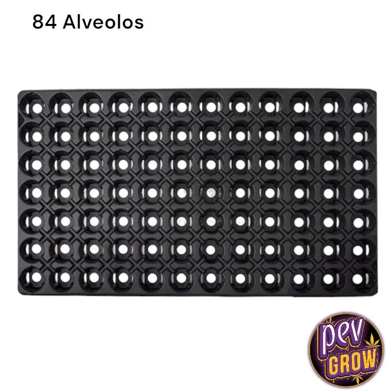 Bandeja negra rectangular con cavidades y orificios circulares, vista desde arriba, con el texto «84 Alveolos».