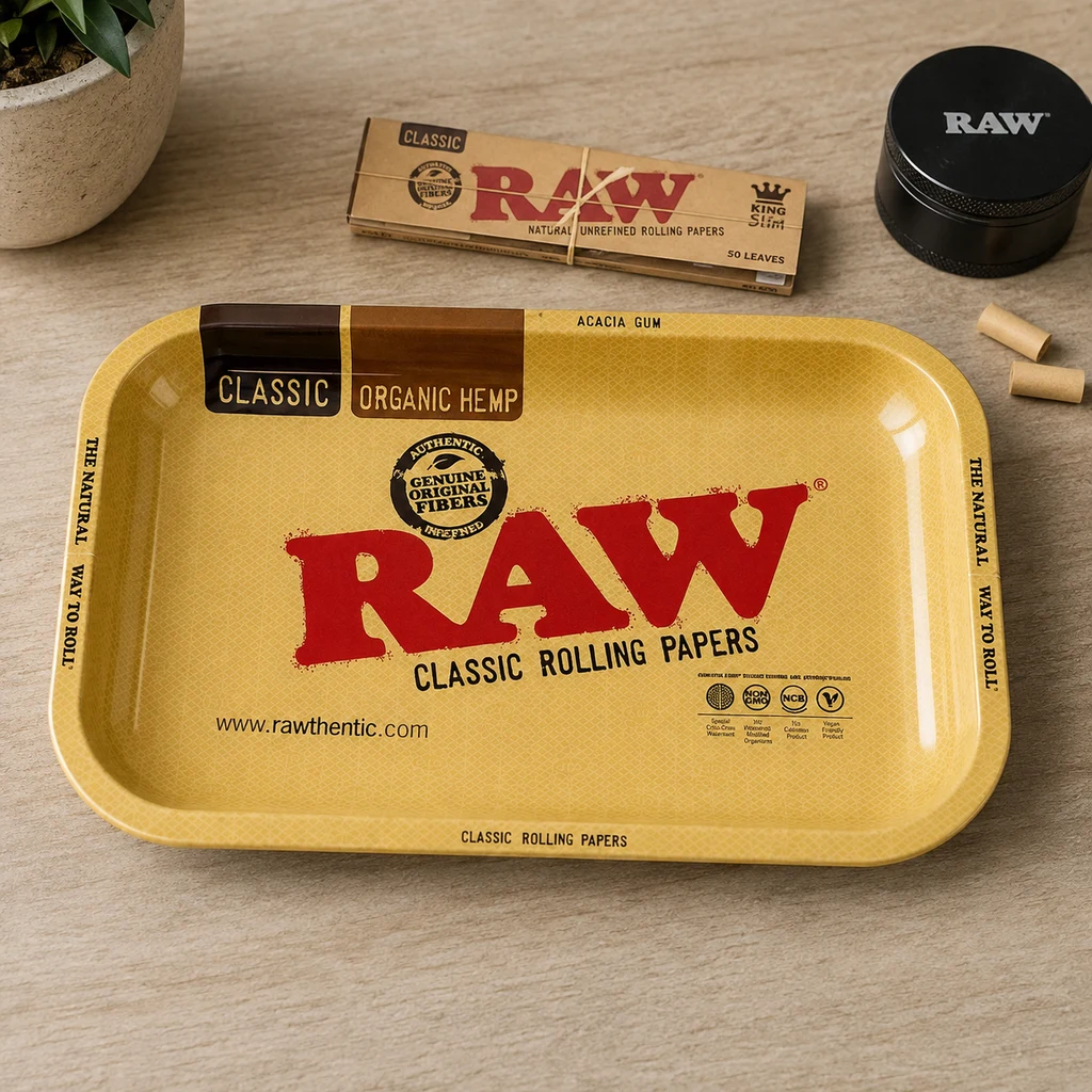 Bandeja de liar RAW amarilla con logotipo rojo y bordes elevados, sobre una mesa junto a papel de liar, un grinder negro y filtros.