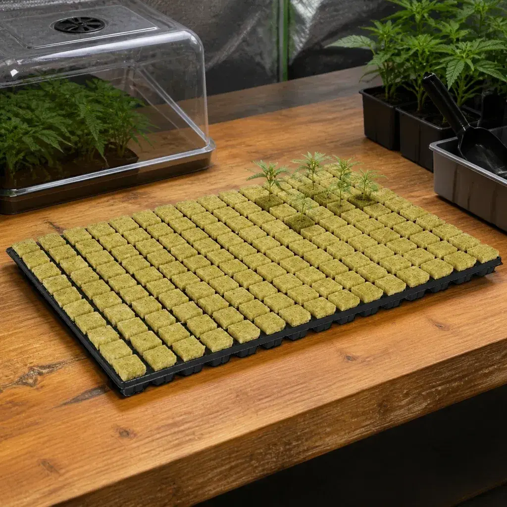 Escena generada de una bandeja con cubos de lana de roca y pequeñas plantas en algunos de ellos, sobre una mesa junto a un propagador. Escena generada de una bandeja con cubos de lana de roca y pequeñas plantas en algunos de ellos, sobre una mesa junto a un propagador.