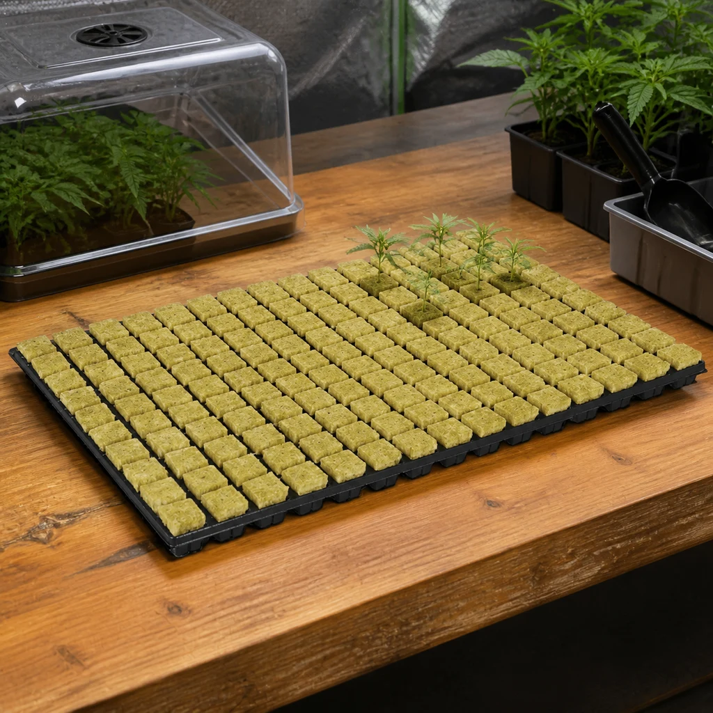 Escena generada de una bandeja con cubos de lana de roca y pequeñas plantas en algunos de ellos, sobre una mesa junto a un propagador.