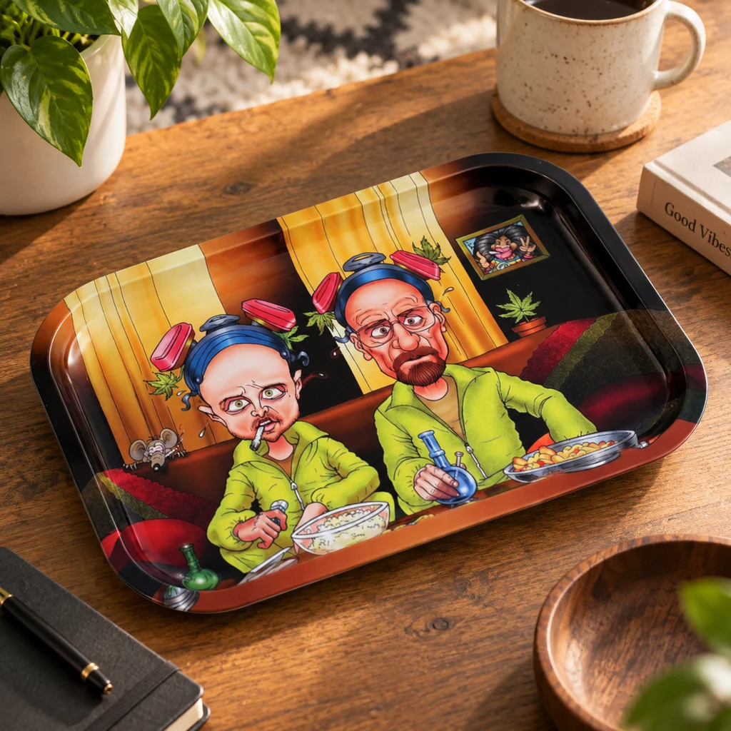 Bandeja de liar Breaking Bad con bordes negros y caricaturas de personajes con ropa verde, sobre una mesa de madera.