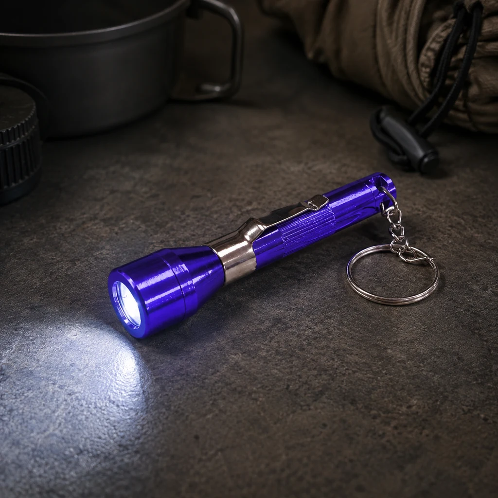 Linterna violeta encendida con clip y anilla de llavero, apoyada en una superficie oscura junto a accesorios de acampada.