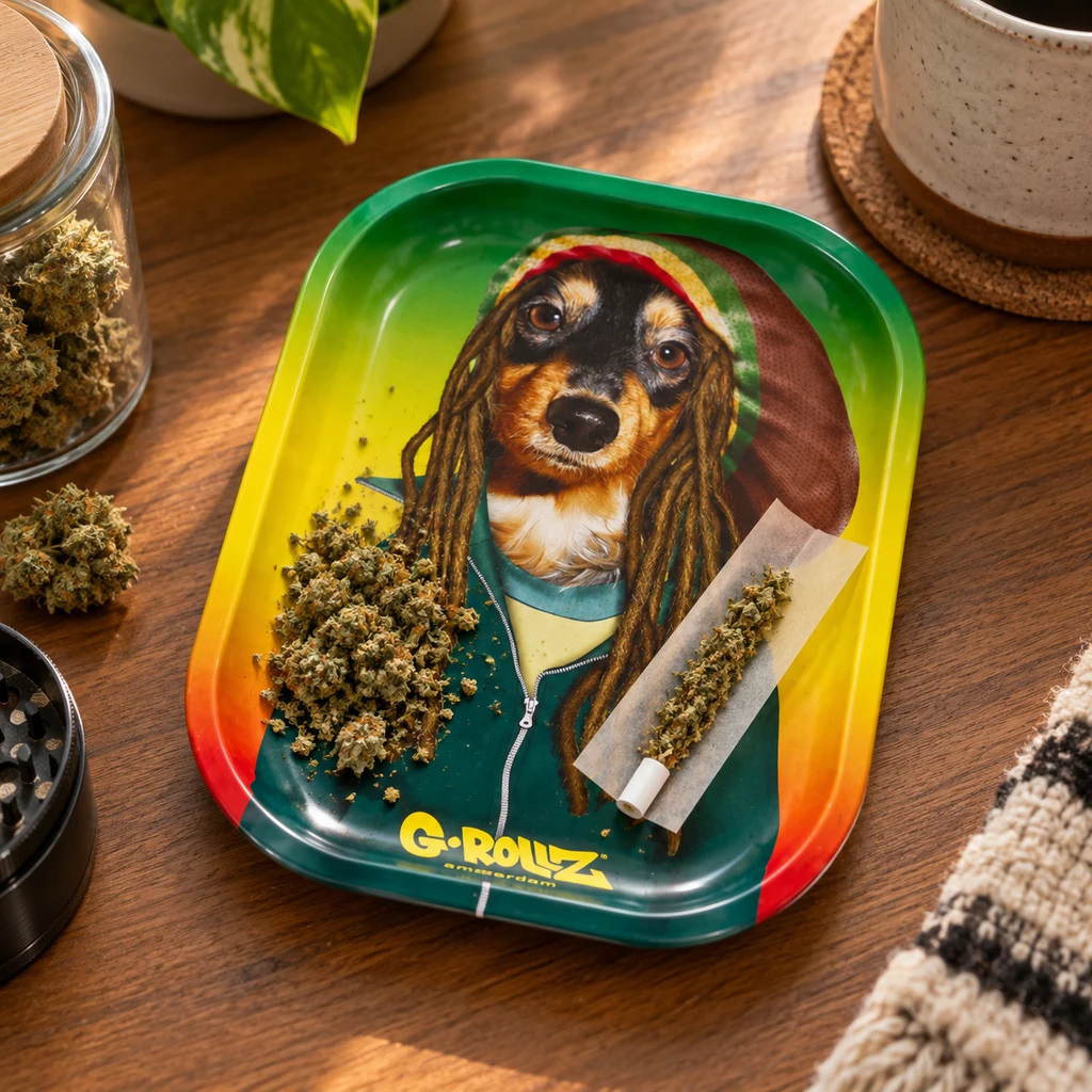 Bandeja G-Rollz verde, amarilla y roja con un perro ilustrado, cannabis desmenuzado y papel de liar abierto sobre una mesa de madera.