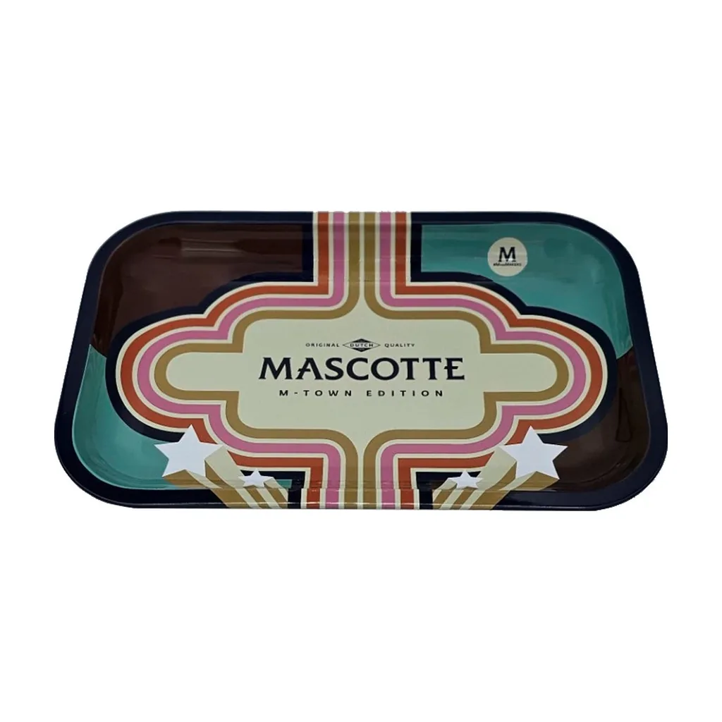 Bandeja Mascotte M-Town rectangular con bordes redondeados, franjas de estilo retro, estrellas blancas y logotipo central.