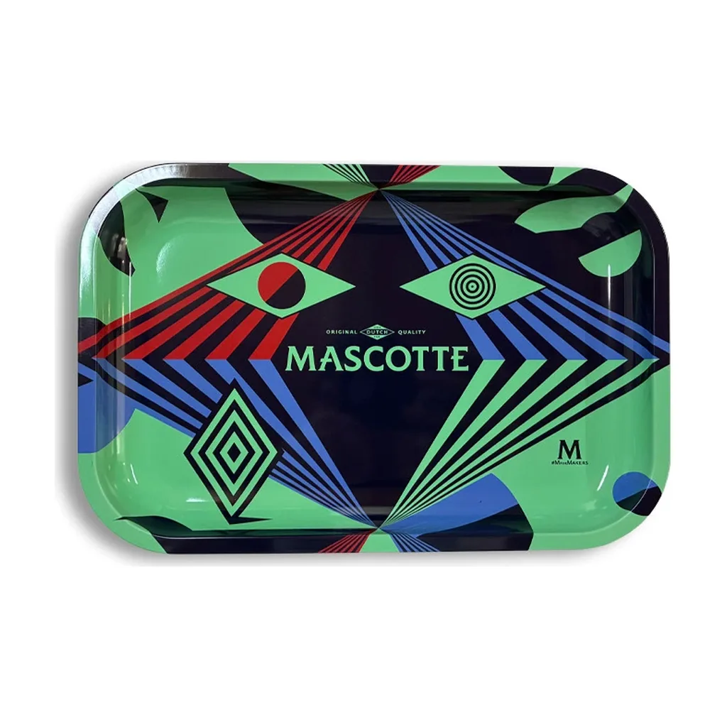 Bandeja de liar Mascotte con esquinas redondeadas, bordes elevados y diseño geométrico verde, negro, azul y rojo.