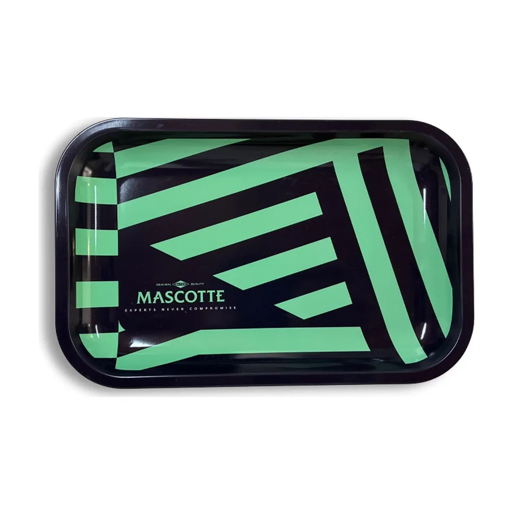 Bandeja Mascotte rectangular con esquinas redondeadas, bordes elevados y diseño de franjas verdes sobre fondo negro.