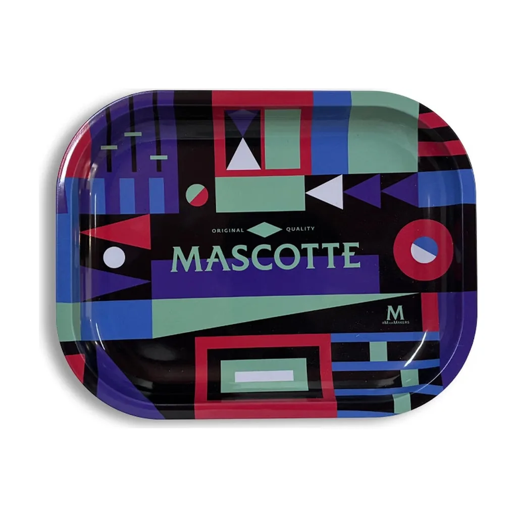 Bandeja Mascotte de esquinas redondeadas, con estampado geométrico multicolor sobre fondo negro y nombre de la marca en el centro.